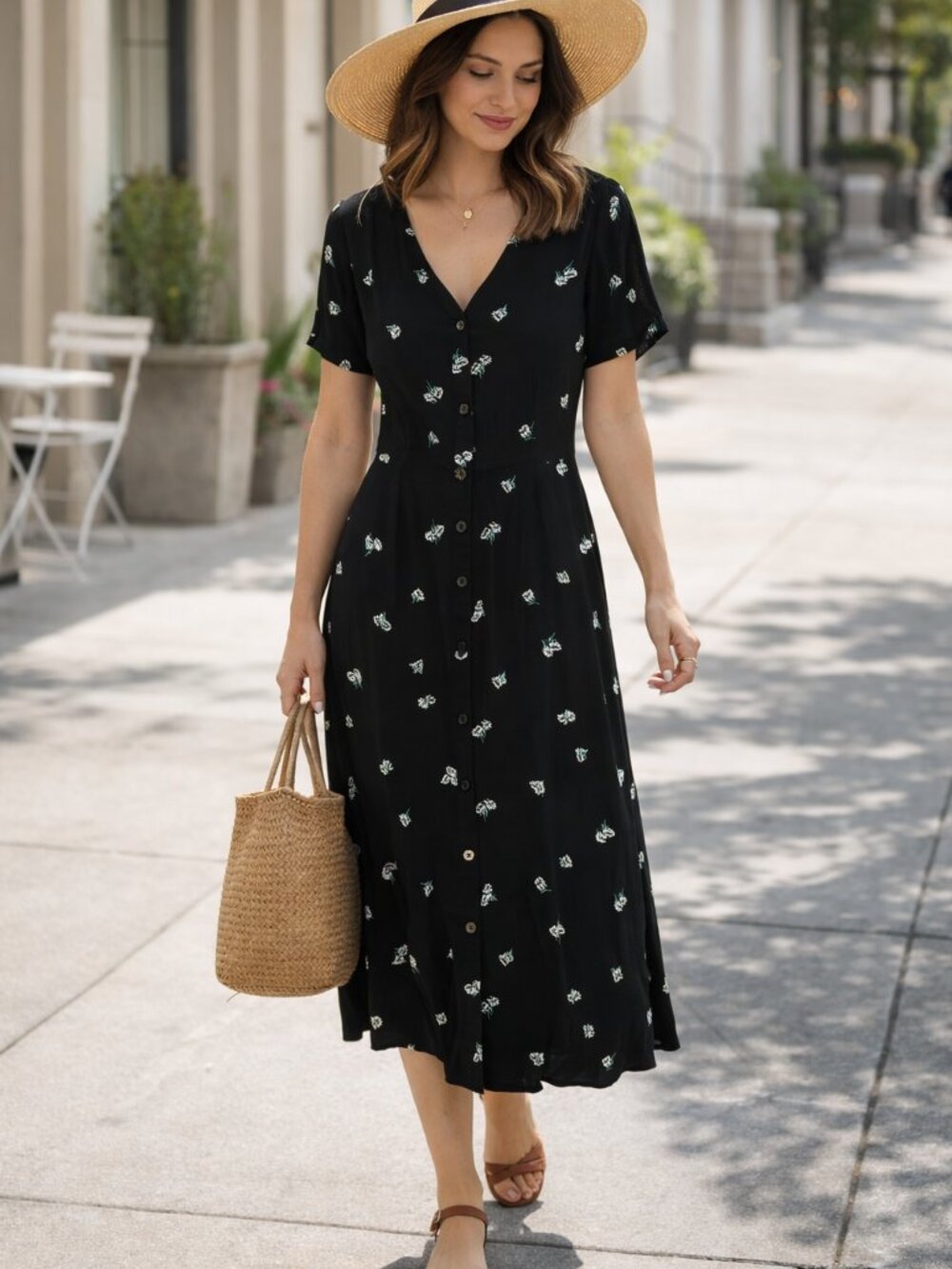 Old Navy Black Midi Dress with Small Green & White Floral Print